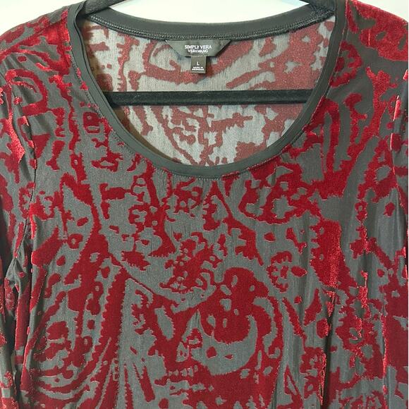 Simply Vera Vera Wang Velvet Burnout Long Sleeve Tunic Top Burgundy Black Size L - Picture 2 of 13